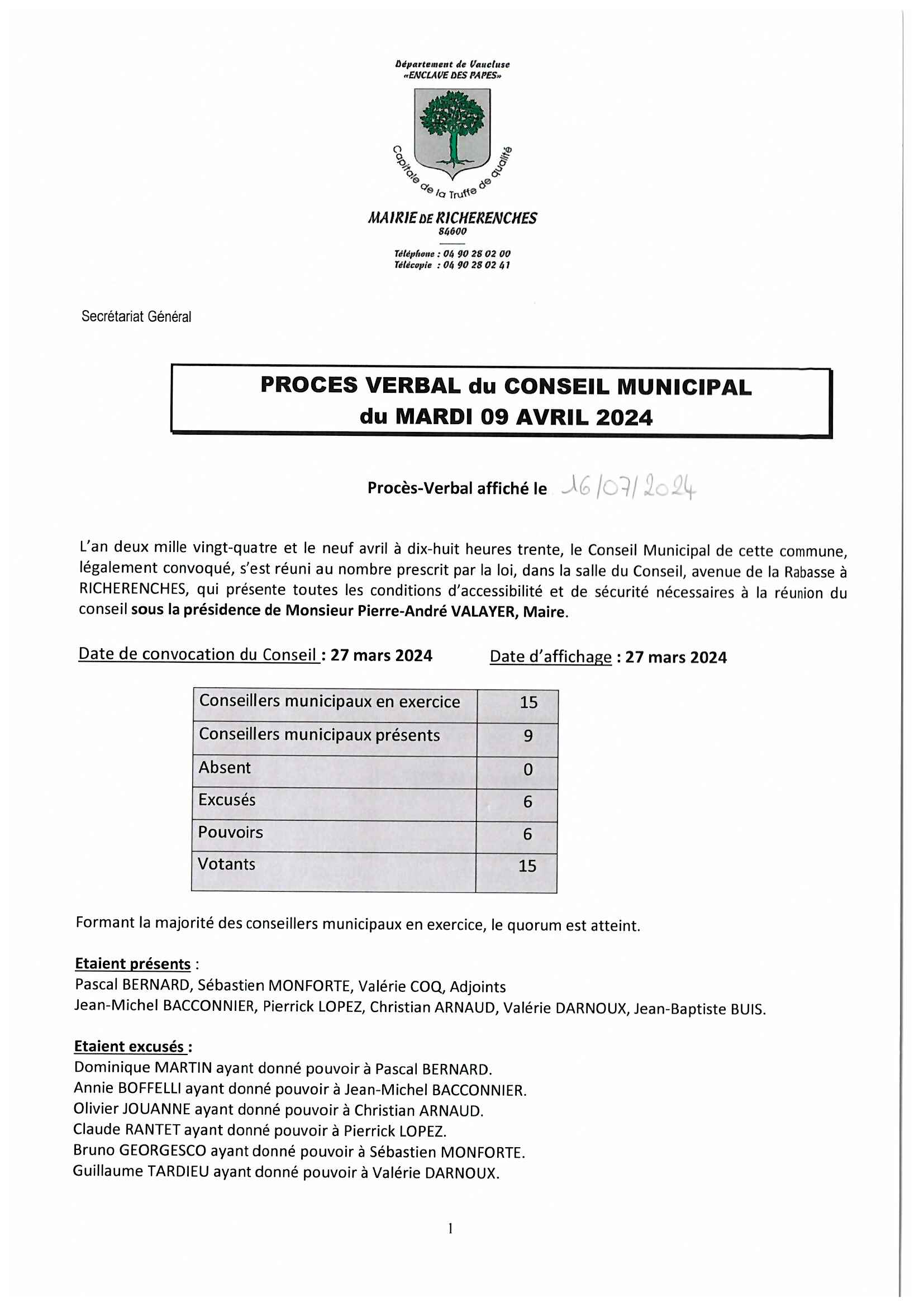 Procès verbal du conseil municipal du 9 avril 2024